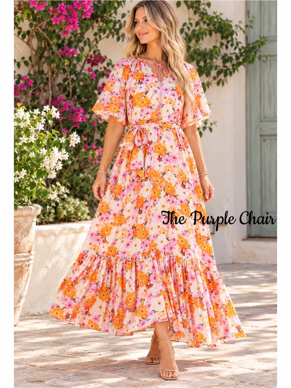 IVY CITY CO. NWT Floral Print Flutter Sleeve Maxi Dress S